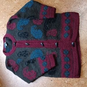Vagabond Imports Chunky Wool Crew Neck Paisley Button Down Cardigan Women's M